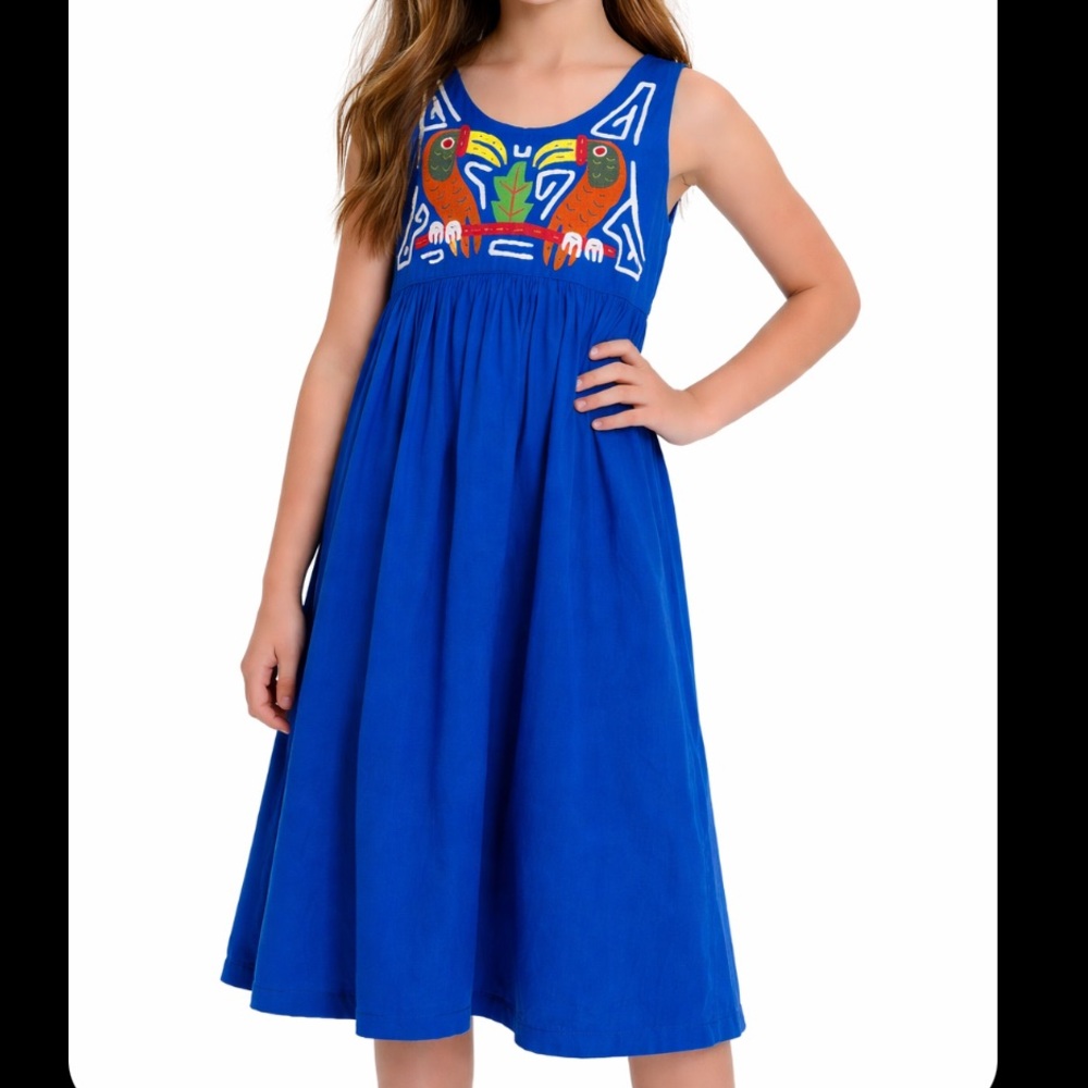 Handmade Blue Tropical Tuscan Bird Print Long Dress Girls 10-12 Kuna Maxi Dress